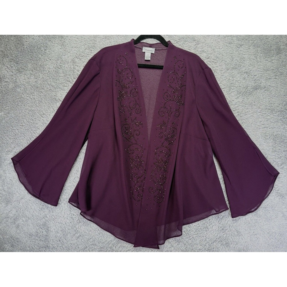 Catherines Womens 22W Purple Sheer Chiffon Kimono Beaded Bell Sleeve Boho USA